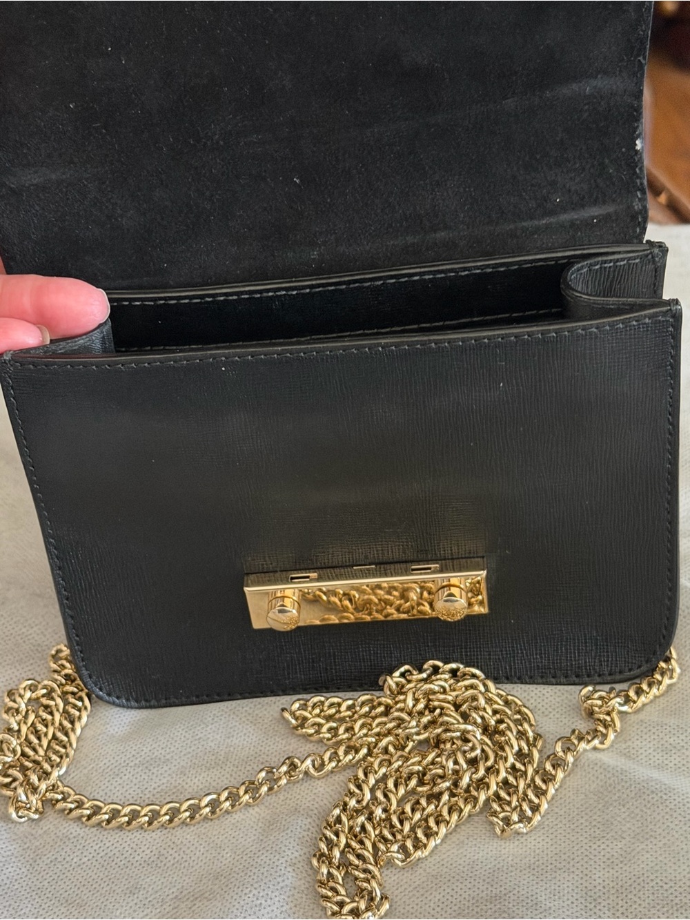 Furla Julia Mini- Saffiano Black Leather Crossbody Bag with Gold Chain